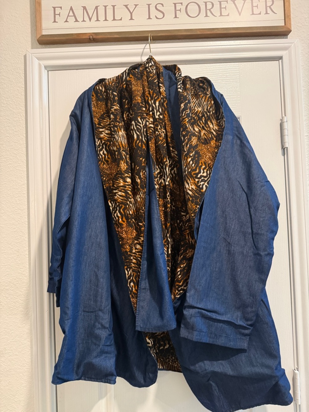 Blue Denim-Look Duster with Animal Print Lining and matching scarf